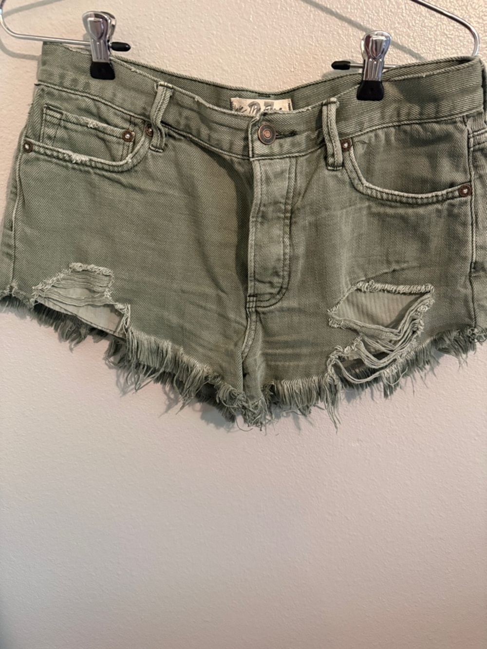 We The Free Olive Distressed Frayed Denim Shorts - Picture 3 of 7